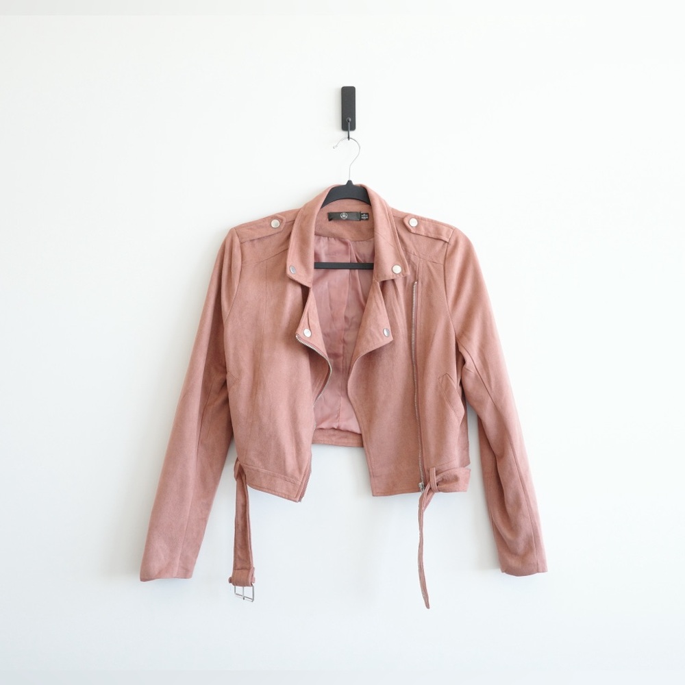 MISSGUIDED Mauve Cropped Suedette Biker Jacket Size US 4